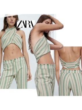 Zara green beige striped cotton halter top boho bohemian crop top NWOT